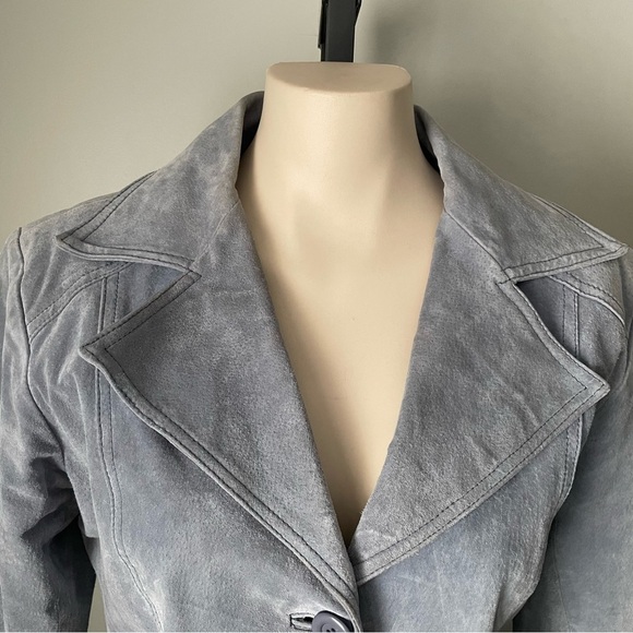 Vintage Le Chateau Suede Leather Belted Trench Coat Jacket Light Blue Size Large - Picture 5 of 11